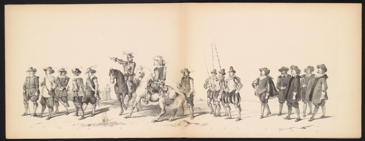 Maskarada uczniów Leiden, 1850 (tablica 2) Intogt Frederika Hendrika w Hertogenbosch w 1629 r.: przedstawienie w kostiumie autorstwa H.H. uczniowie Leydsche Hoogeschool den XI Junij z roku 1850 (tytuł serii na obiekcie) autorstwa Carel Christiaan Antony Last