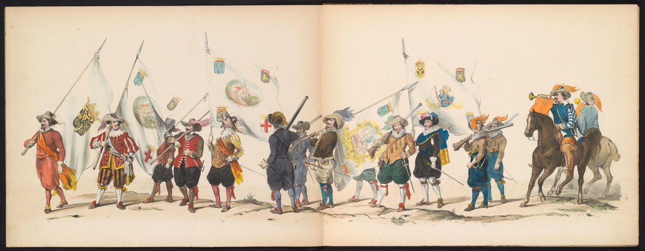 Maskarada uczniów Leiden, 1850 (tablica 3) Intogt Frederika Hendrika w Hertogenbosch w 1629 r.: przedstawienie w kostiumie H.H. uczniowie Leydsche Hoogeschool den XI Junij z roku 1850 (tytuł serii na obiekcie) autorstwa Carel Christiaan Antony Last