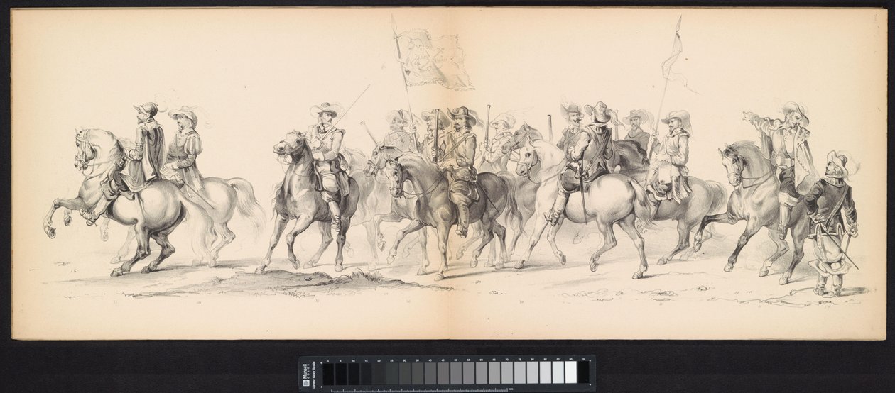 Maskarada studentów z Leiden, 1850 (tabl. 4) Intogt Frederika Hendrika w Hertogenbosch w 1629 r.: przedstawienie w kostiumie H.H. uczniowie Leydsche Hoogeschool den XI Junij z roku 1850 (tytuł serii na obiekcie) autorstwa Carel Christiaan Antony Last