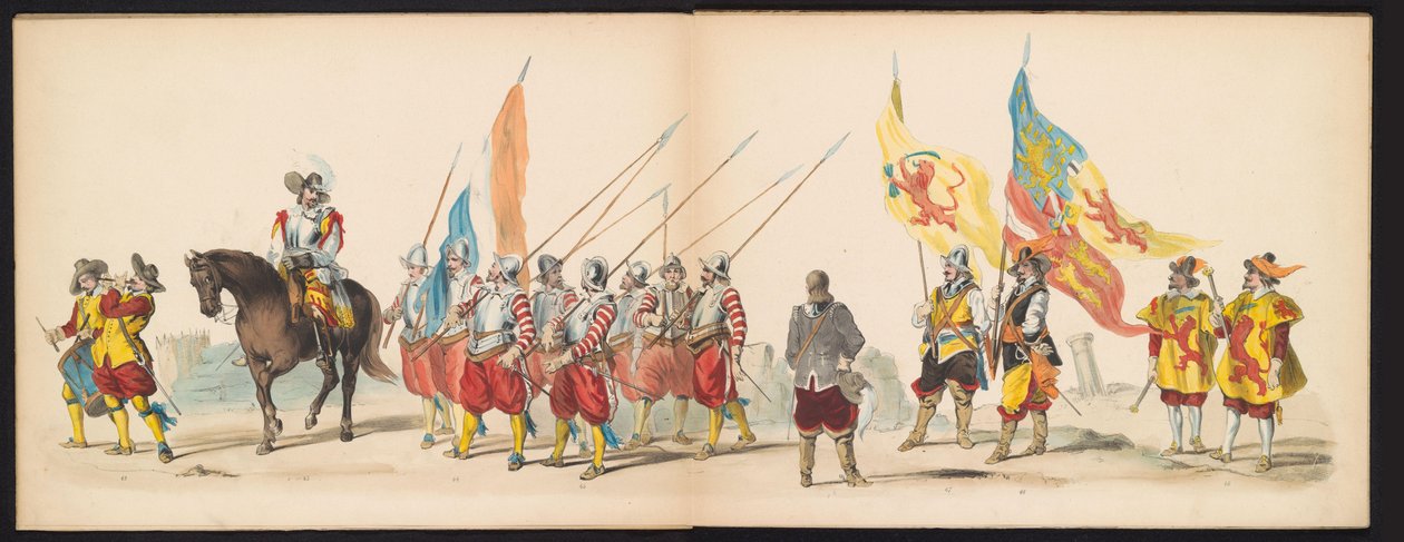 Maskarada uczniów Leiden, 1850 (tablica 5) Intogt Frederika Hendrika w Hertogenbosch w 1629 r.: przedstawienie w kostiumie H.H. uczniowie Leydsche Hoogeschool den XI Junij z roku 1850 (tytuł serii na obiekcie) autorstwa Carel Christiaan Antony Last