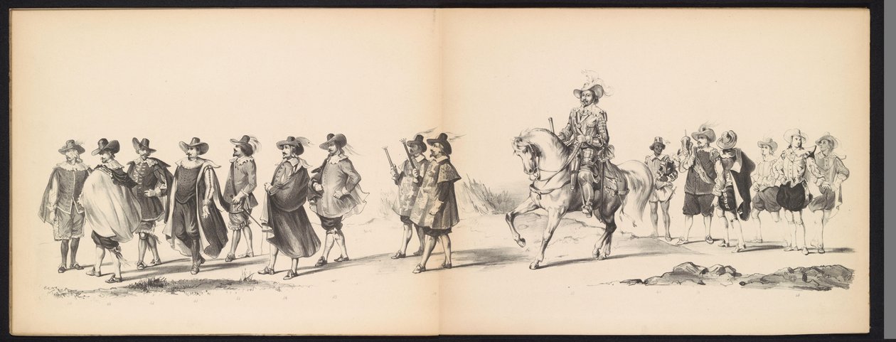 Maskarada studentów z Leiden, 1850 (tablica 6) Intogt Frederika Hendrika w Hertogenbosch w 1629 r.: przedstawienie w kostiumie H.H. uczniowie Leydsche Hoogeschool den XI Junij z roku 1850 (tytuł serii na obiekcie) autorstwa Carel Christiaan Antony Last
