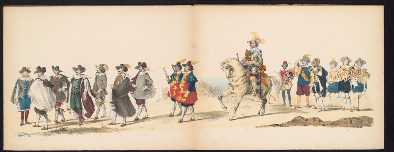 Maskarada studentów z Leiden, 1850 (tablica 6) Intogt Frederika Hendrika w Hertogenbosch w 1629 r.: przedstawienie w kostiumie H.H. uczniowie Leydsche Hoogeschool den XI Junij z roku 1850 (tytuł serii na obiekcie) autorstwa Carel Christiaan Antony Last