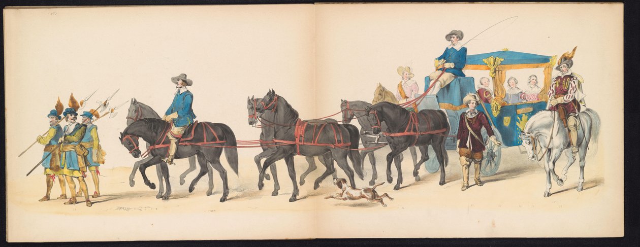 Maskarada uczniów Leiden, 1850 (tablica 8) Intogt Frederika Hendrika w Hertogenbosch w 1629 r.: przedstawienie w kostiumie autorstwa H.H. uczniowie Leydsche Hoogeschool den XI Junij z roku 1850 (tytuł serii na obiekcie) autorstwa Carel Christiaan Antony Last