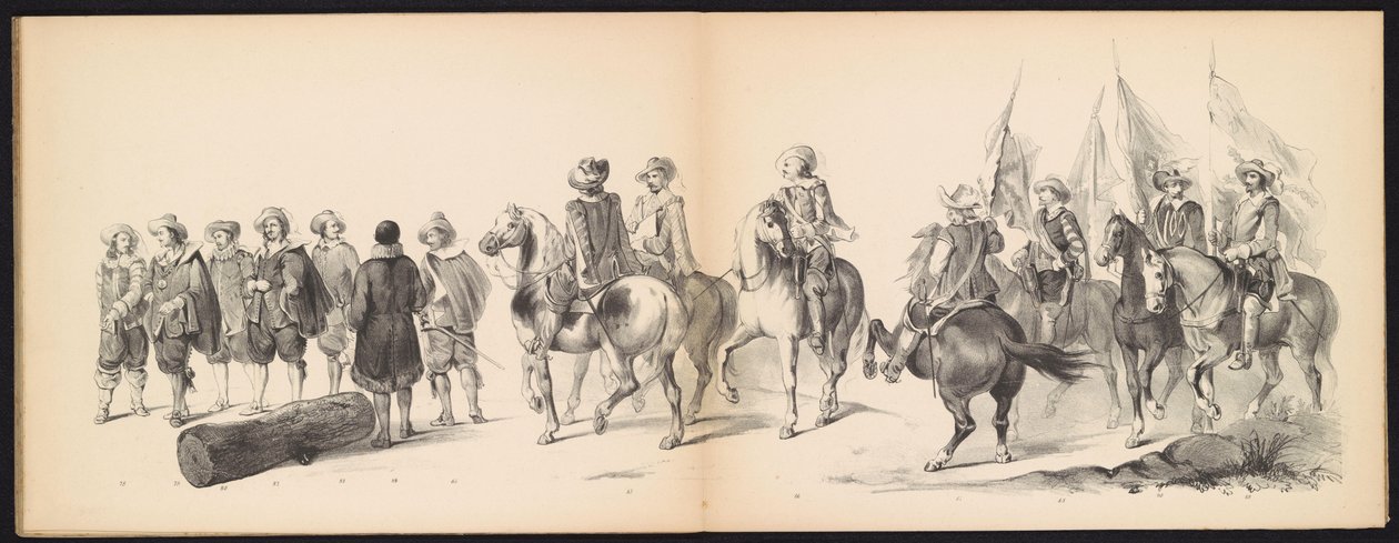 Maskarada studentów z Leiden, 1850 (tablica 9) Intogt Frederika Hendrika w Hertogenbosch w 1629 r.: przedstawienie w kostiumie autorstwa H.H. uczniowie Leydsche Hoogeschool den XI Junij z roku 1850 (tytuł serii na obiekcie) autorstwa Carel Christiaan Antony Last