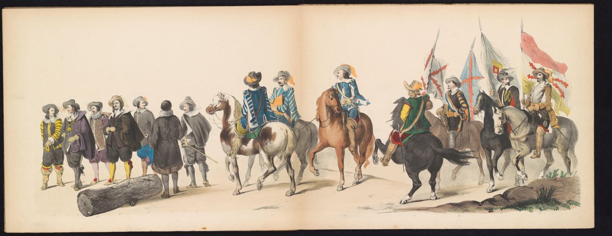 Maskarada studentów z Leiden, 1850 (tablica 9) Intogt autorstwa Frederika Hendrika w Hertogenbosch w 1629 r.: przedstawienie w kostiumie autorstwa H.H. uczniowie Leydsche Hoogeschool den XI Junij z roku 1850 (tytuł serii na obiekcie) autorstwa Carel Christiaan Antony Last