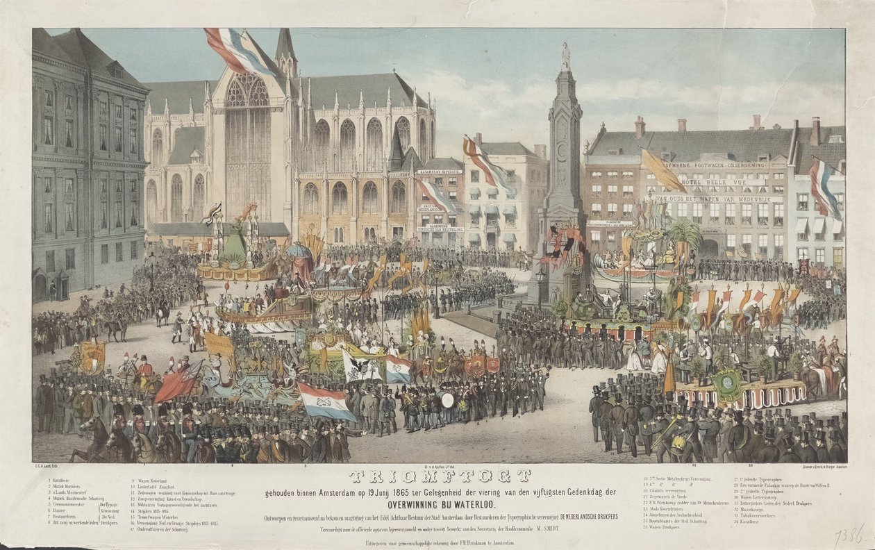 Triumf w Amsterdamie 19 czerwca 1865 r. z okazji obchodów pięćdziesiątej rocznicy zwycięstwa pod Waterloo (tytuł na obiekcie) autorstwa Carel Christiaan Antony Last