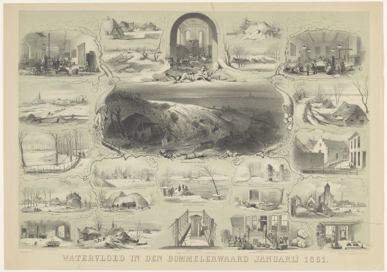 Powódź w den Bommelerwaard styczeń 1861 (tytuł na obiekcie) autorstwa Carel Christiaan Antony Last