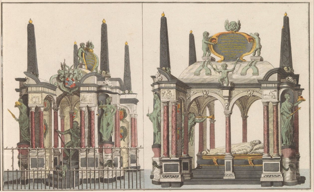 Praalgraf van Willem van Oranje w Delft, ca. 1790 Wspaniałe Mauzoleum Rodziny Królewskiej w Wielkim Kościele w Delft / To samo z North Side (tytuł na obiekcie) autorstwa Carel Frederik Bendorp (I) (possibly)