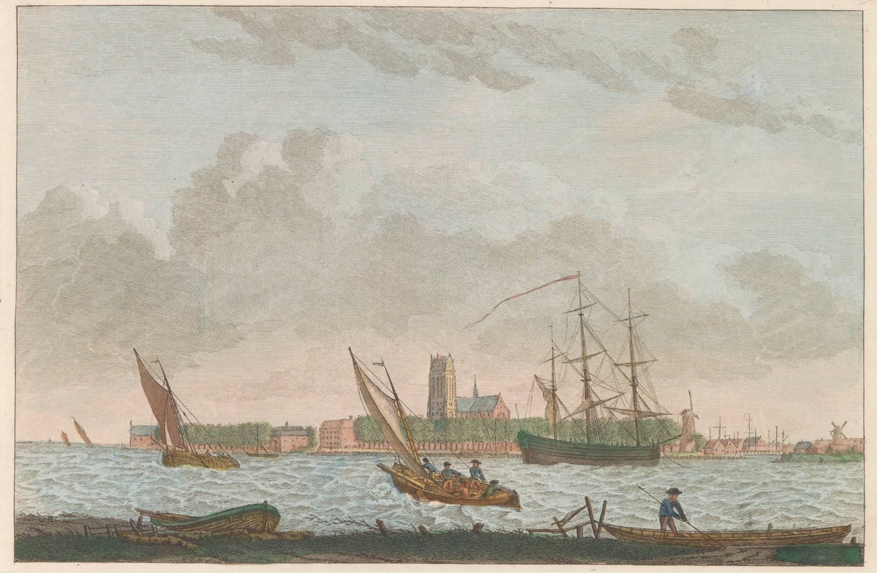 Dordrecht znad Merwedy, ok. 1790 Dordrecht van de Merwe na wystawie / La ville Dordrecht - nagroda du coté dela riviere dite la Merwe (tytuł na obiekcie) autorstwa Carel Frederik Bendorp (I)