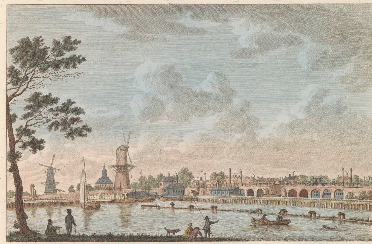 Gezicht op de Hogesluis, ca. 1790 Hooge Amstel Sluis te Amsterdam / Wysoki most, zwany hoog sluis - dawniej zwany Mostem Zakochanych, wzięty od strony amstelu później w Amsterdamie (tytuł na obiekcie) autorstwa Carel Frederik Bendorp (I)