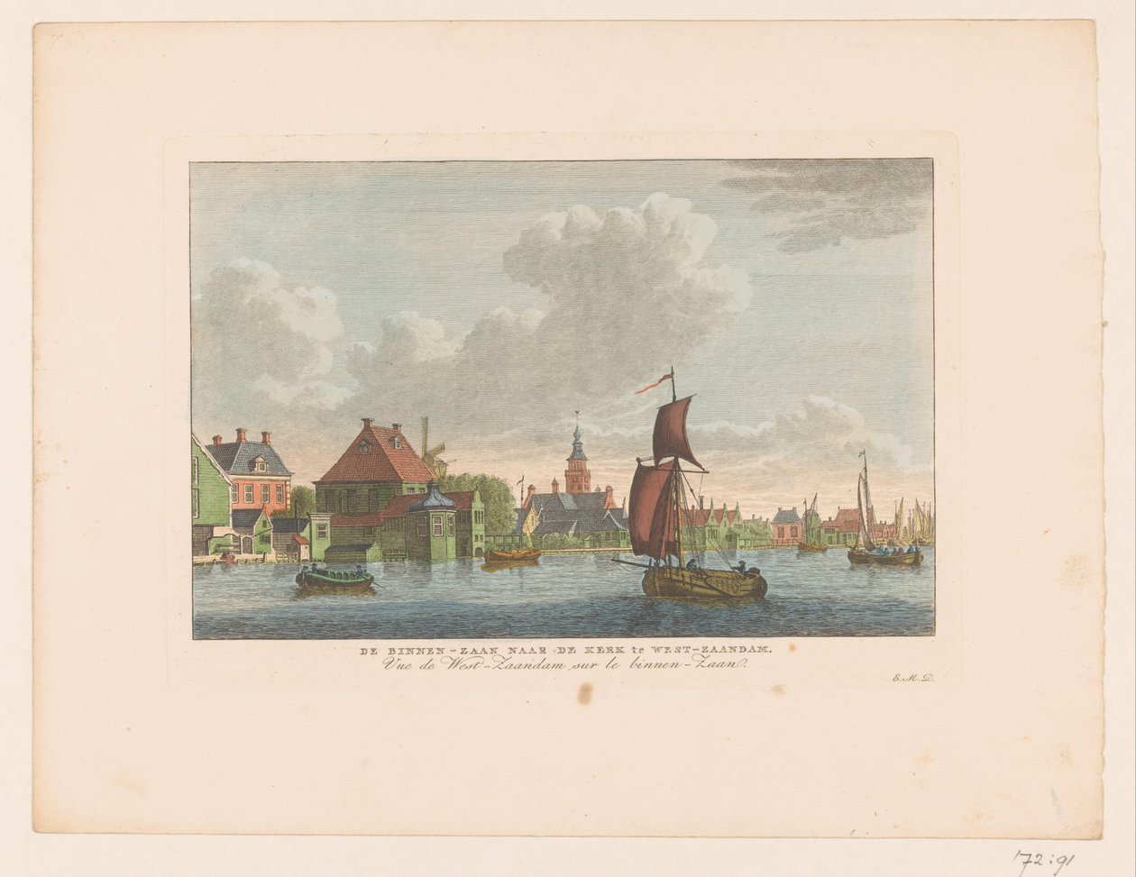 Widok na wioskę Westzaandam widziany po drugiej stronie wody Binnen-Zaan do kościoła w West-Zaandam / Vue de West-Zaandam sur le Binnen-Zaan (tytuł na obiekcie) autorstwa Carel Frederik Bendorp (I)
