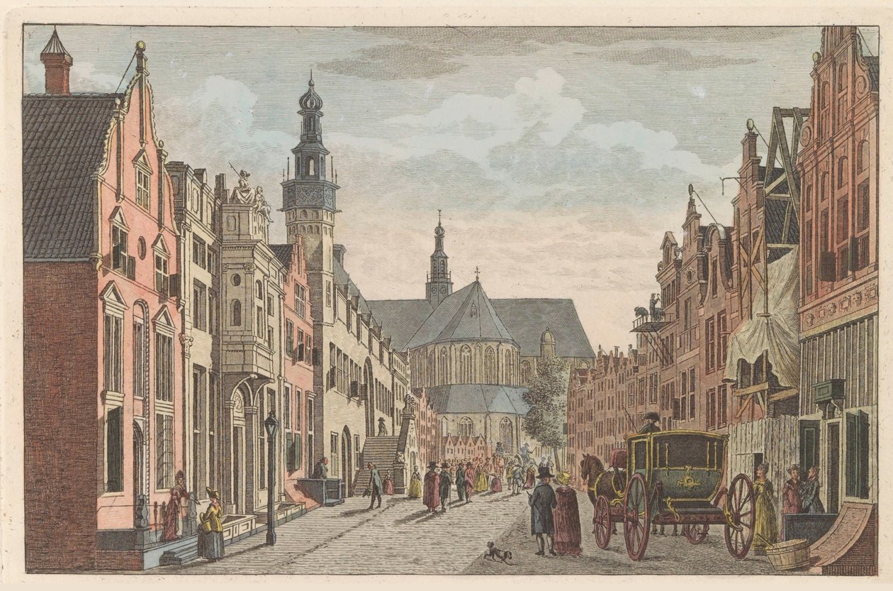 Langestraat w Alkmaar, ok. 1790 Langestraat, Ratusz i Grote Kerk w Alkmaar / Rue longue - Hotel de Ville - et grande Eglise à Alkmaar (tytuł na obiekcie) autorstwa Carel Frederik Bendorp (I)