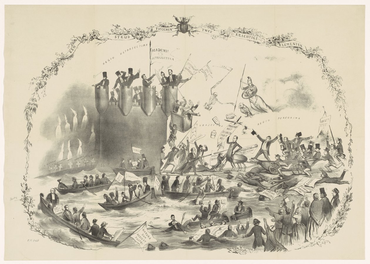 Karykatura przedstawiająca plany Thorbecke dotyczące zniesienia Uniwersytetu Nauk Stosowanych w Utrechcie, 1863 Bitwa pomiędzy dwoma potężnymi żywiołami (tytuł na obiekcie) autorstwa Carel Hendrik Thiebout