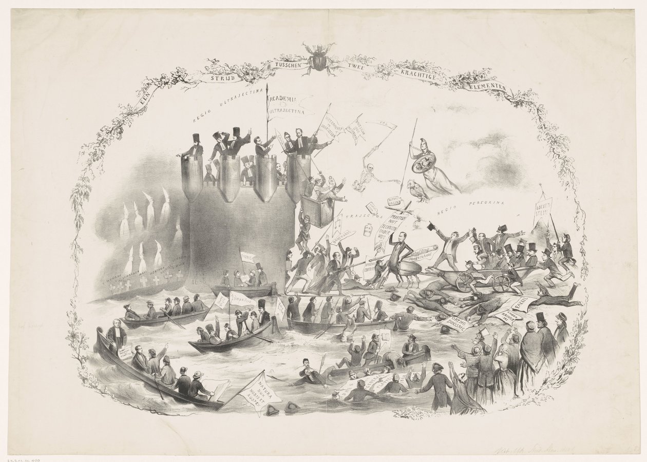 Karykatura przedstawiająca plany Thorbecke dotyczące zniesienia Uniwersytetu Nauk Stosowanych w Utrechcie, 1863 Bitwa pomiędzy dwoma potężnymi żywiołami (tytuł na obiekcie) autorstwa Carel Hendrik Thiebout