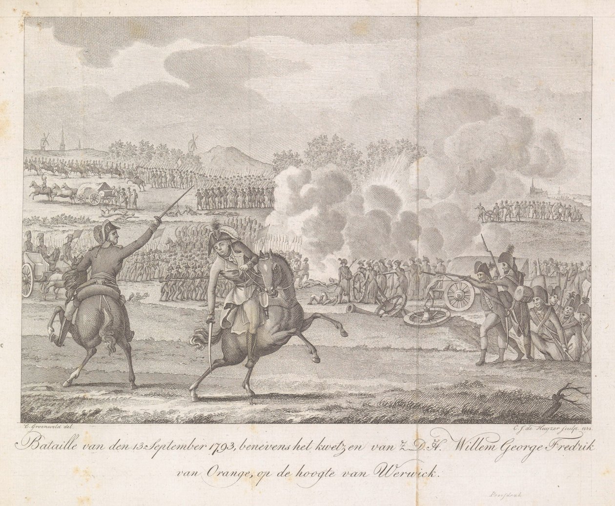 Książę Frederik zostaje ranny w Wervik, 1793 Bataille z 13. września 1793, oprócz zranienia H.D.H. Willem George Fredrik z Orange, naprzeciw Werwick (tytuł na obiekcie) autorstwa Carel Jacob de Huyser