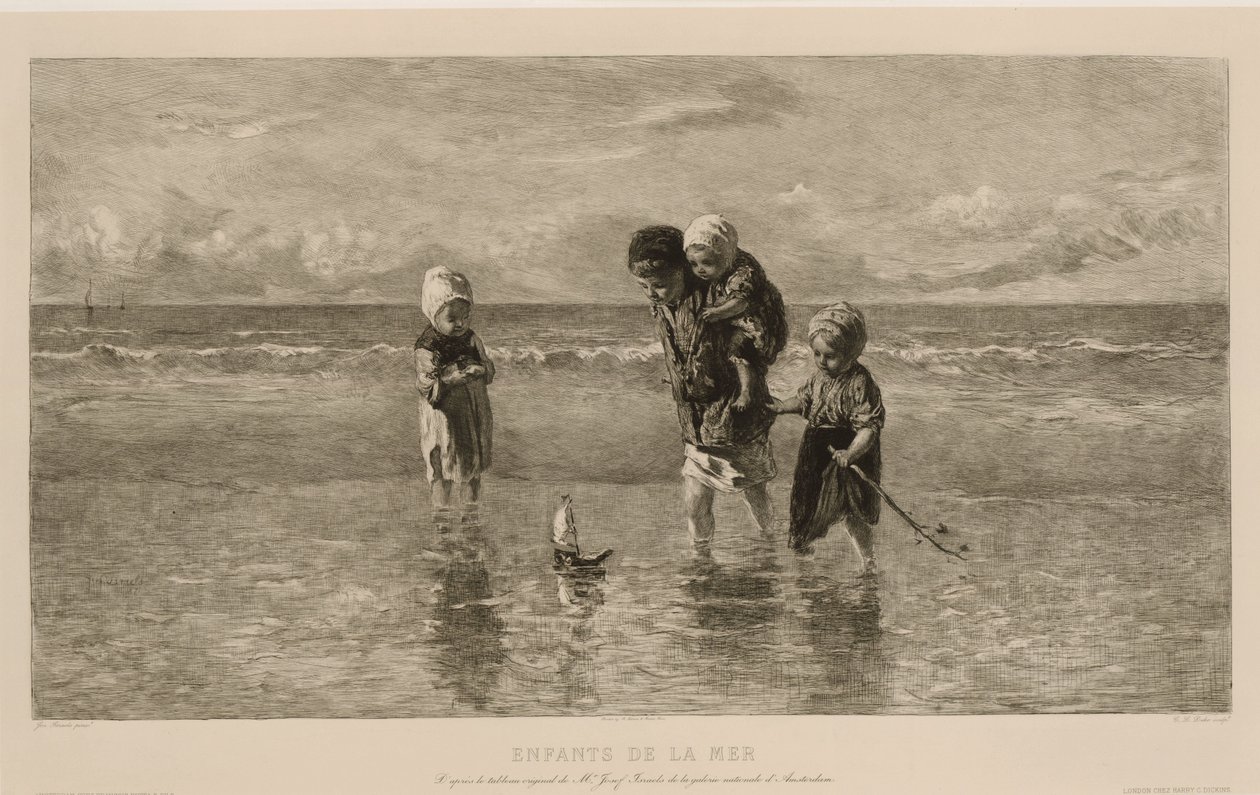 Czworo dzieci bawi się zabawkową łódką na plaży w płytkiej wodzie morskiej Dzieci morza Enfants de la mer (tytuł na obiekcie) autorstwa Carel Lodewijk Dake