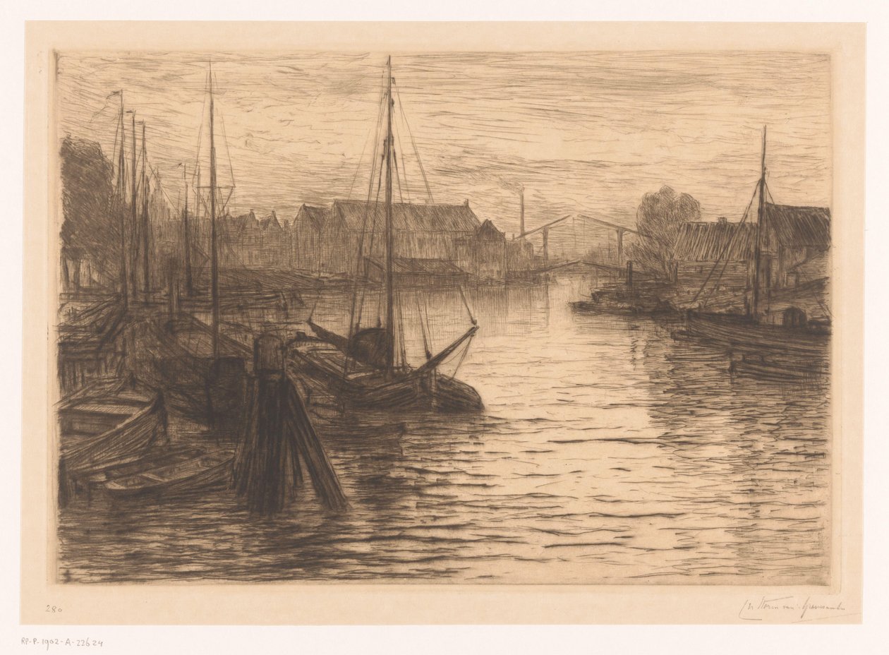 Riedijkshaven w Dordrecht nocą Dordrecht, Riedijkshaven, le soir (tytuł oryginalny) autorstwa Carel Nicolaas Storm van 