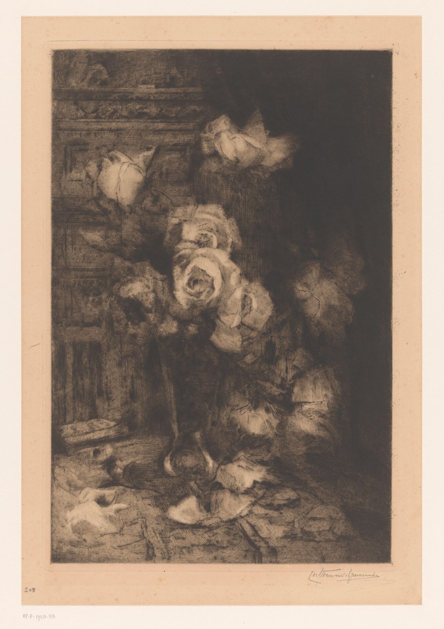 Wazon z różami na stole Fleurs (tytuł oryginalny) autorstwa Carel Nicolaas Storm van 