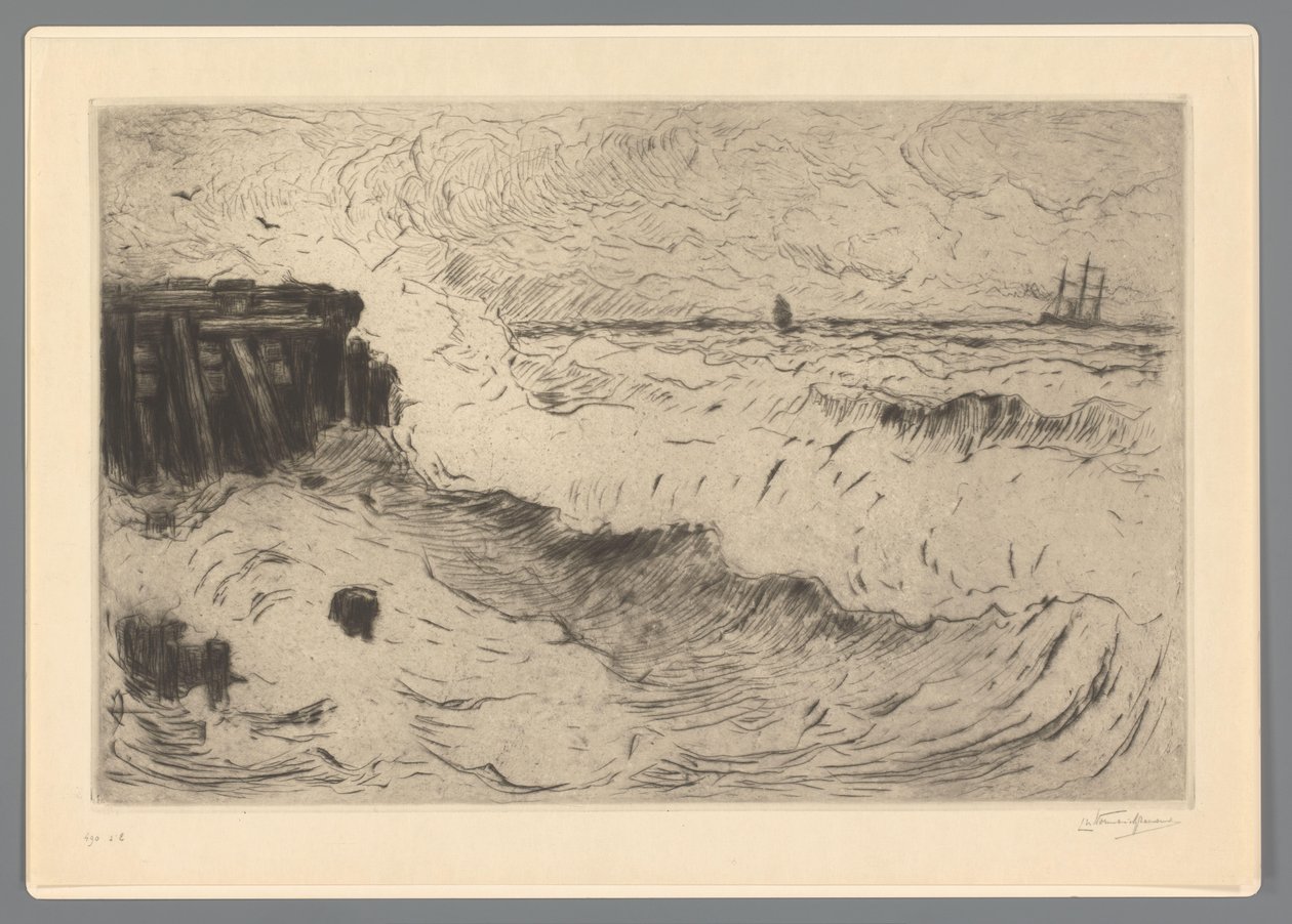 Dzikie morze z żaglowcem na molo autorstwa Carel Nicolaas Storm van 