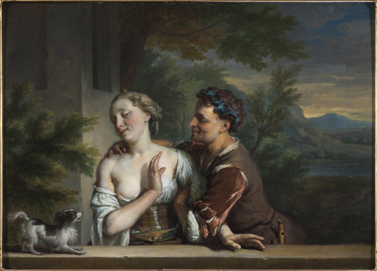 Mężczyzna próbujący objąć kobietę — Carel (Charles) de Moor (1656-1738). Olej na płótnie. Rozmiar: 33,5x47cm. Muzeum Narodowe w Sztokholmie autorstwa Carel De Moor
