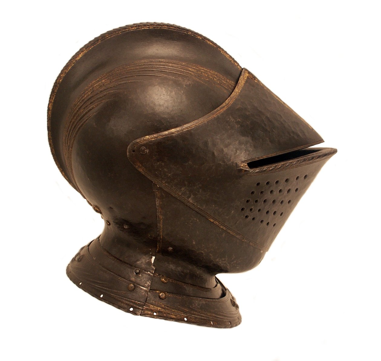 Hełm bojowy, ok.1535-40 (stal oksydowana na niebiesko ze złoceniami, wytłoczeniami i żłobioną dekoracją) autorstwa Caremolo (attr.to) Modrone