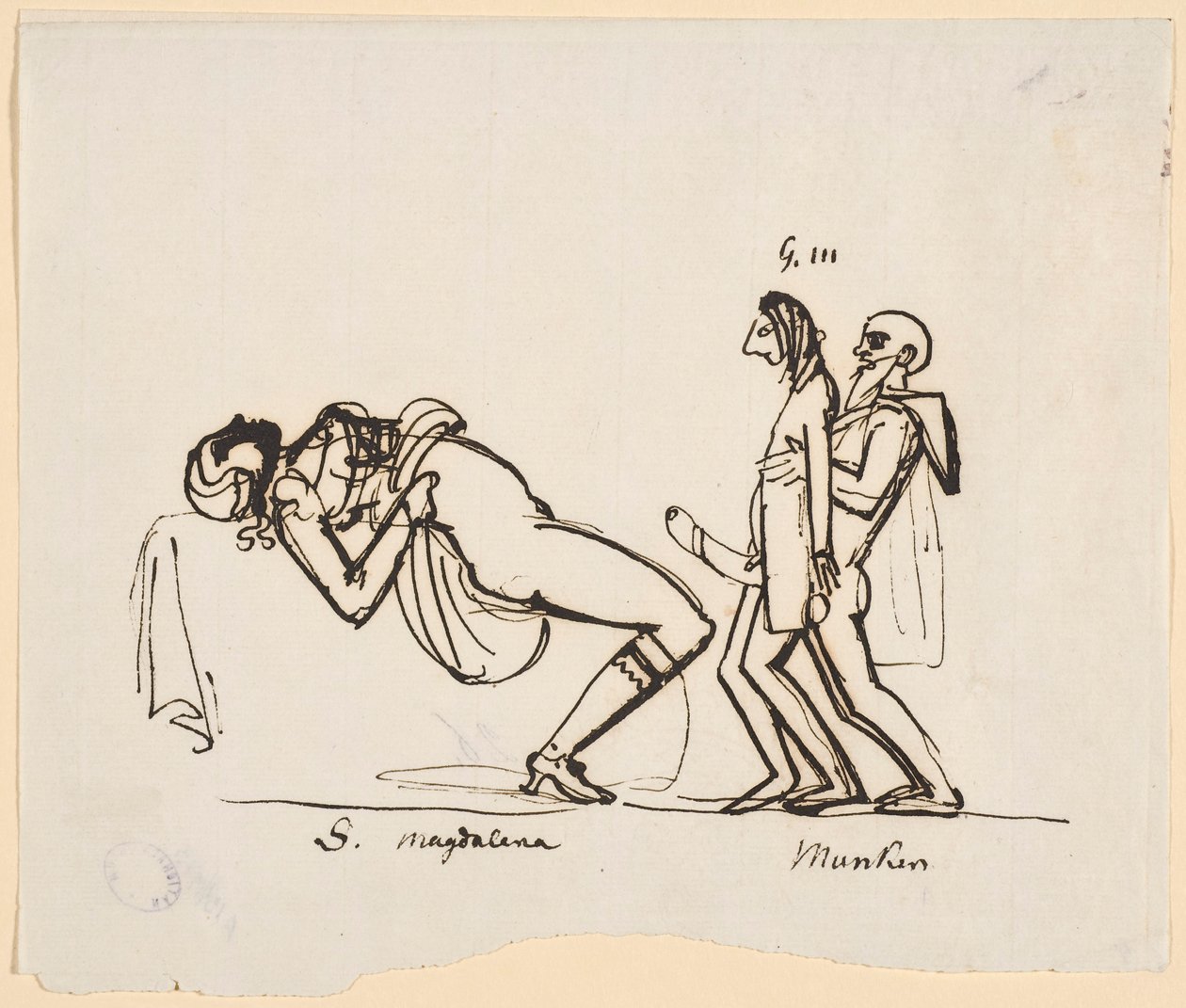 Karykatura próby Gustawa III spłodzenia dziedzica. Adolf Fredrick Munck asystuje Gustavowi w jego pierwszym stosunku seksualnym z Sofią Magdaleną (Carl August Ehrensvärd, ok. 1770) autorstwa Carl August Ehrensvärd