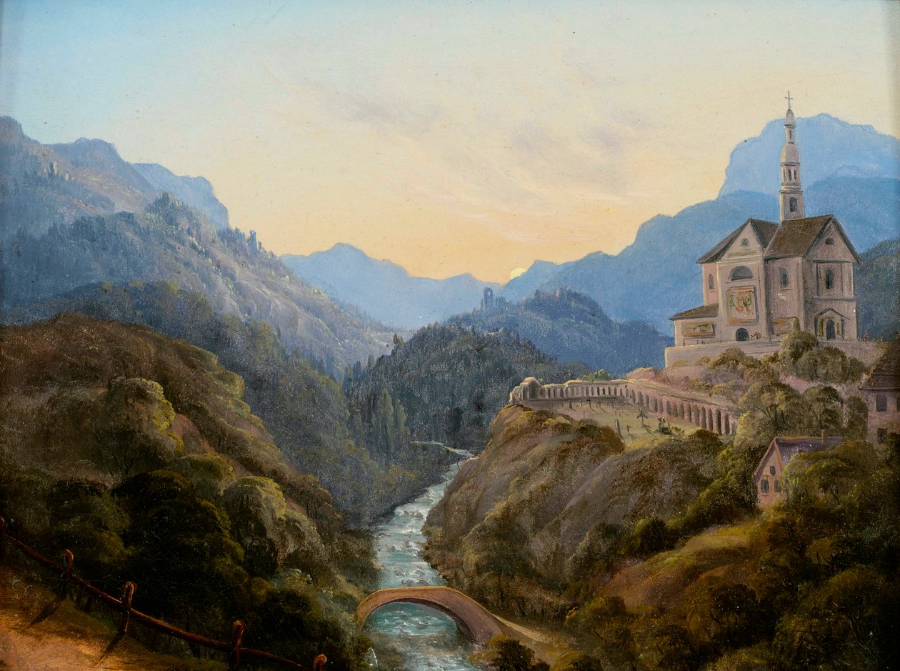 Wieczorny krajobraz górski z doliną rzeki i zespołem klasztornym autorstwa Carl Gustav Carus