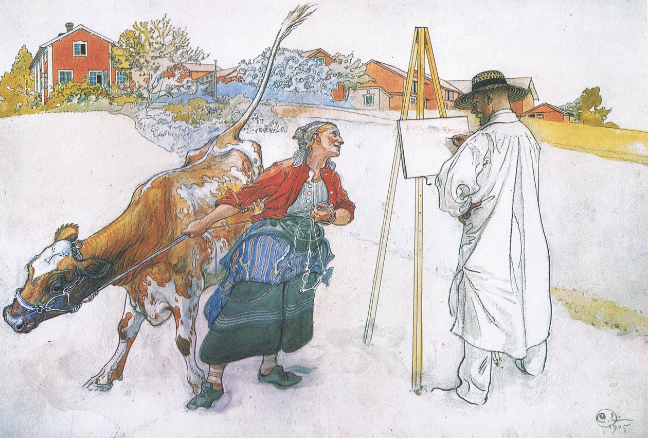 Wraz z nią przyszła Joanna prowadząca krowę Blommę autorstwa Carl Larsson