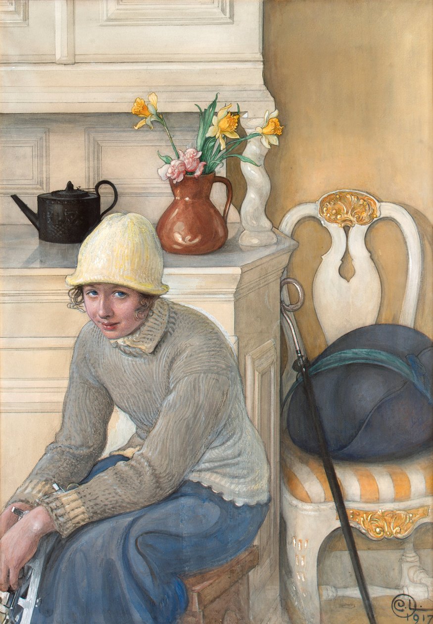 Dziewczyna z łyżwami, wnętrze ze szkolnego gospodarstwa domowego, Falun 1917 autorstwa Carl Larsson