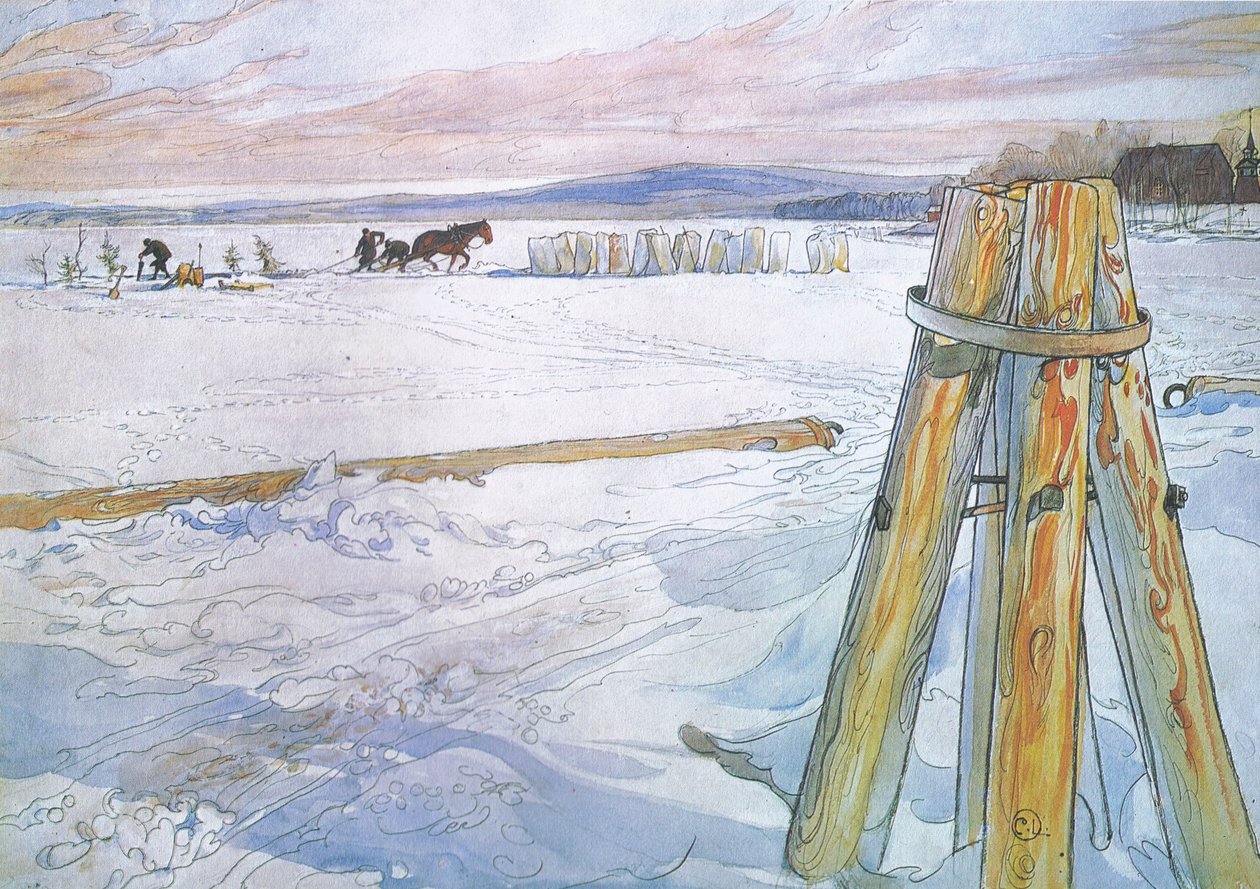 Johan sprowadził Brunte (konia), by zebrać bloki lodu autorstwa Carl Larsson