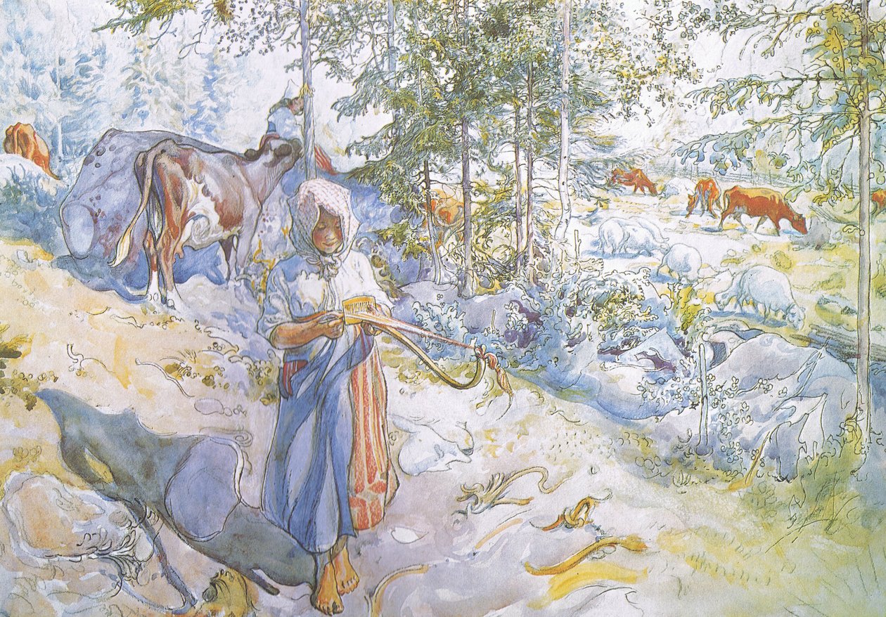 Na koniec przyjechała mała Kertsi z gałązką wierzby do poganiania krów autorstwa Carl Larsson