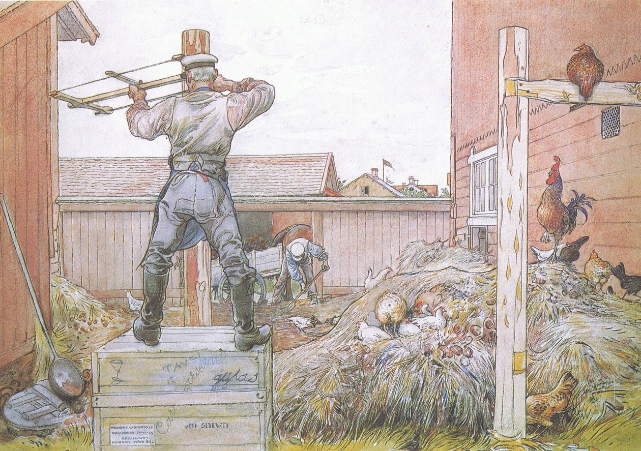 Kogut piał cały czas, gdy Elfstrom piłował i uderzał młotkiem autorstwa Carl Larsson