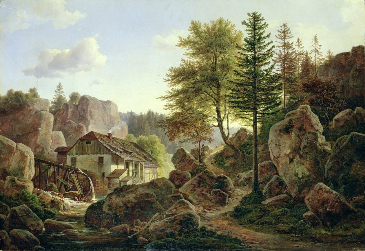 Młyn wodny w Wogezach koło Ribanville, 1836 autorstwa Carl Morgenstern