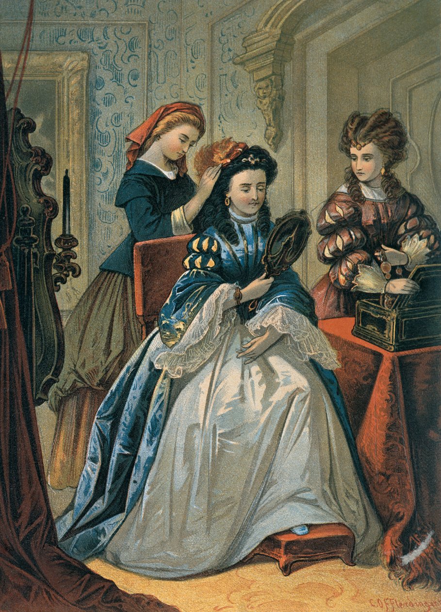 Kopciuszek czesujący siostry na bal, ilustracja do „Kopciuszek” Charlesa Perraulta (1628-1703) (kolorystyka) autorstwa Carl Offterdinger