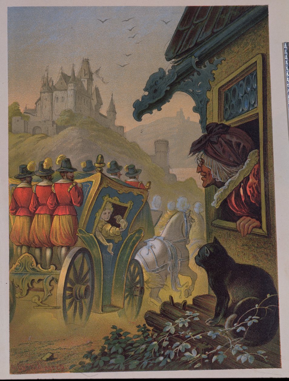Kopciuszek wyjeżdżający na bal w powozie, ilustracja do „Kopciuszek” Charlesa Perraulta (1628-1703) (kolorystyka) autorstwa Carl Offterdinger