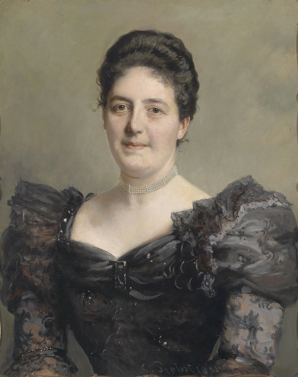 Portret kobiety w czarnej sukni z falbankami autorstwa Carl Probst