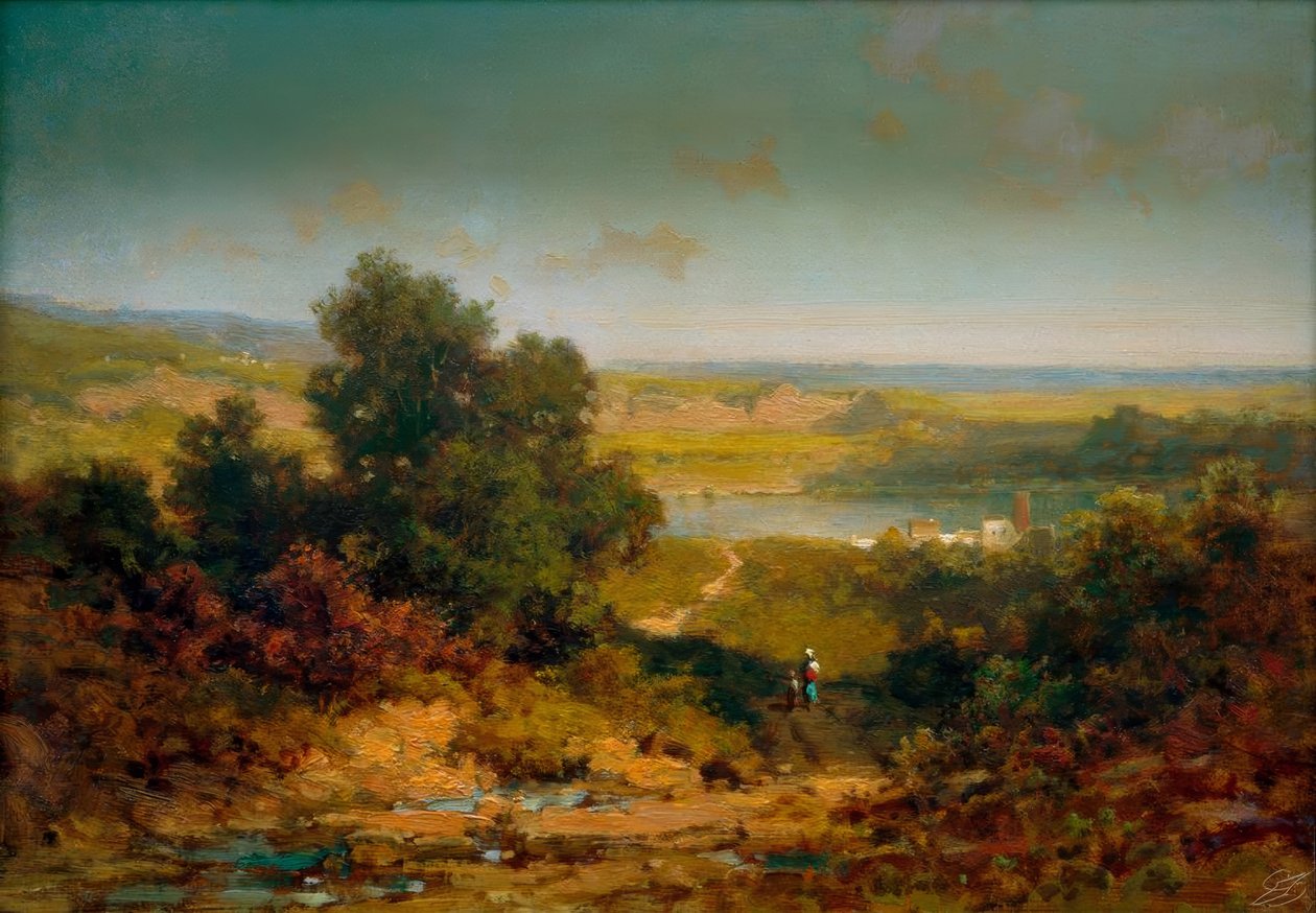 Krajobraz z wioską i rzeką autorstwa Carl Spitzweg