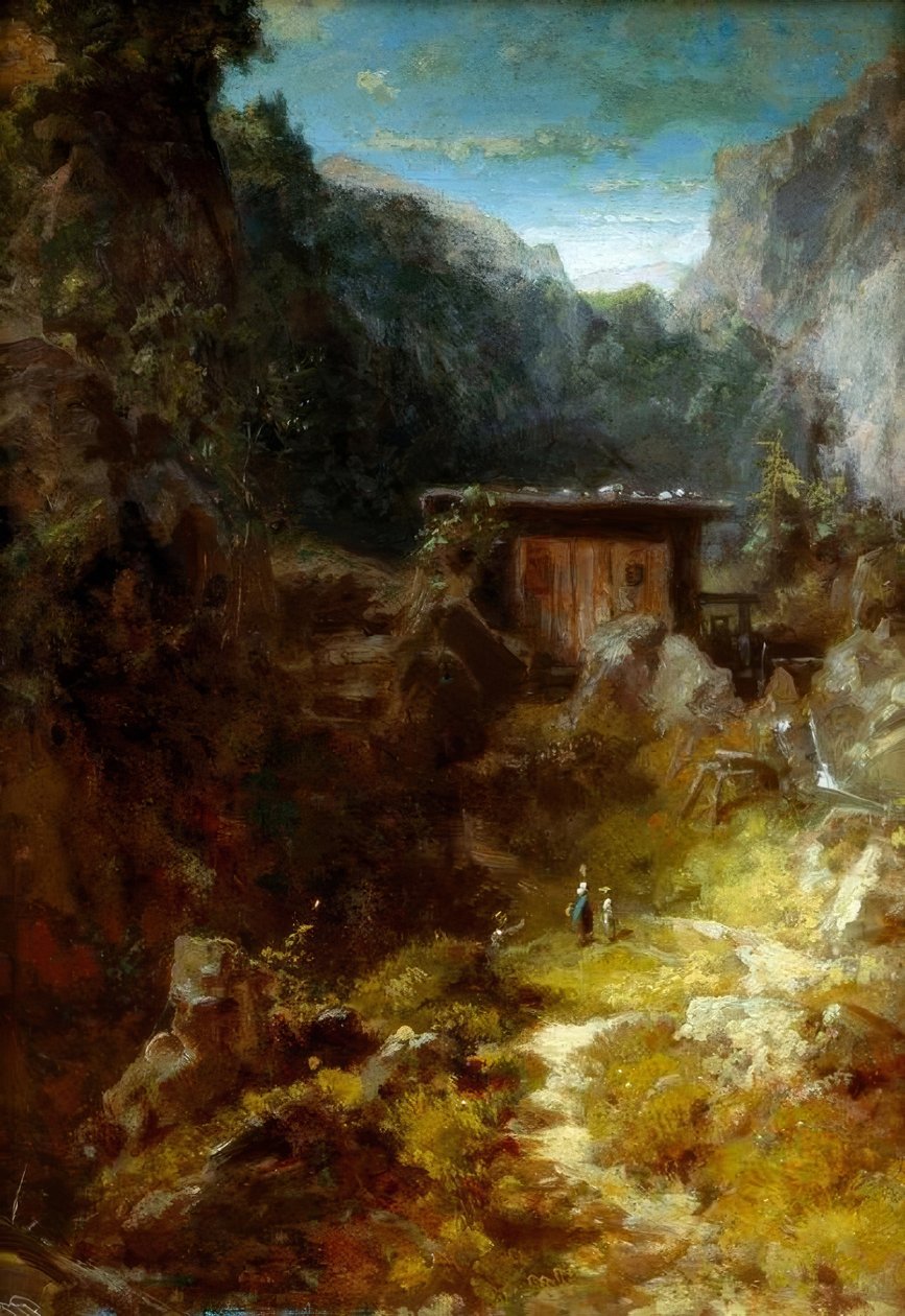 Młyn w górach z trzema postaciami autorstwa Carl Spitzweg