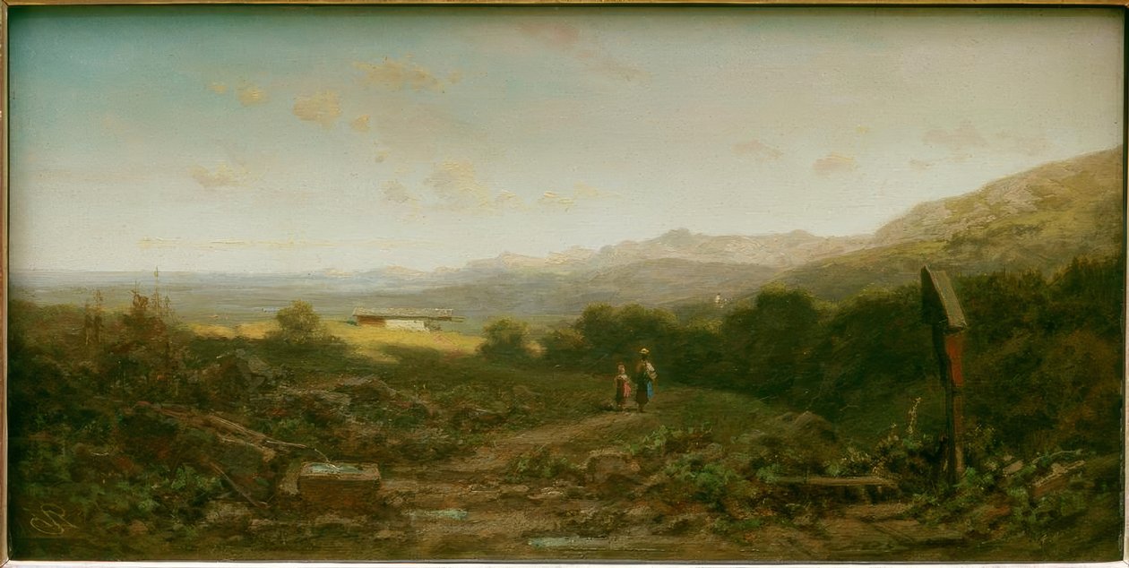 Mleczna dziewczyna z dzieckiem na alpejskim pastwisku autorstwa Carl Spitzweg