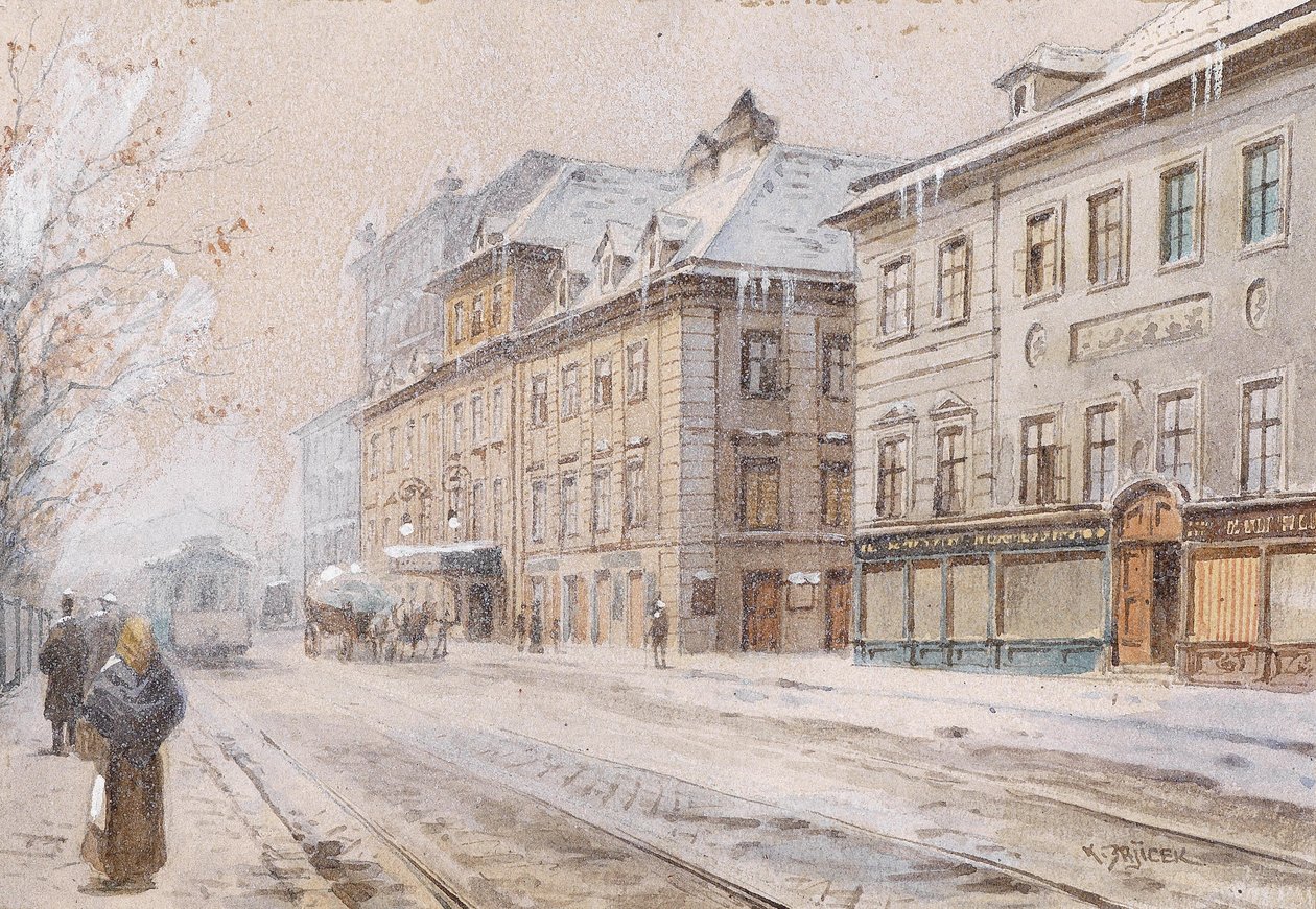 Teatr an der Wien zimą autorstwa Carl Wenzel Zajicek
