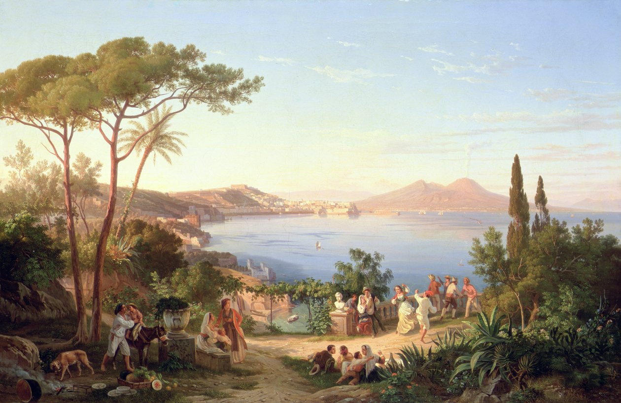 Zatoka Neapolitańska z tańczącymi Włochami, ok. 1850 r. autorstwa Carl Wilhelm Goetzloff