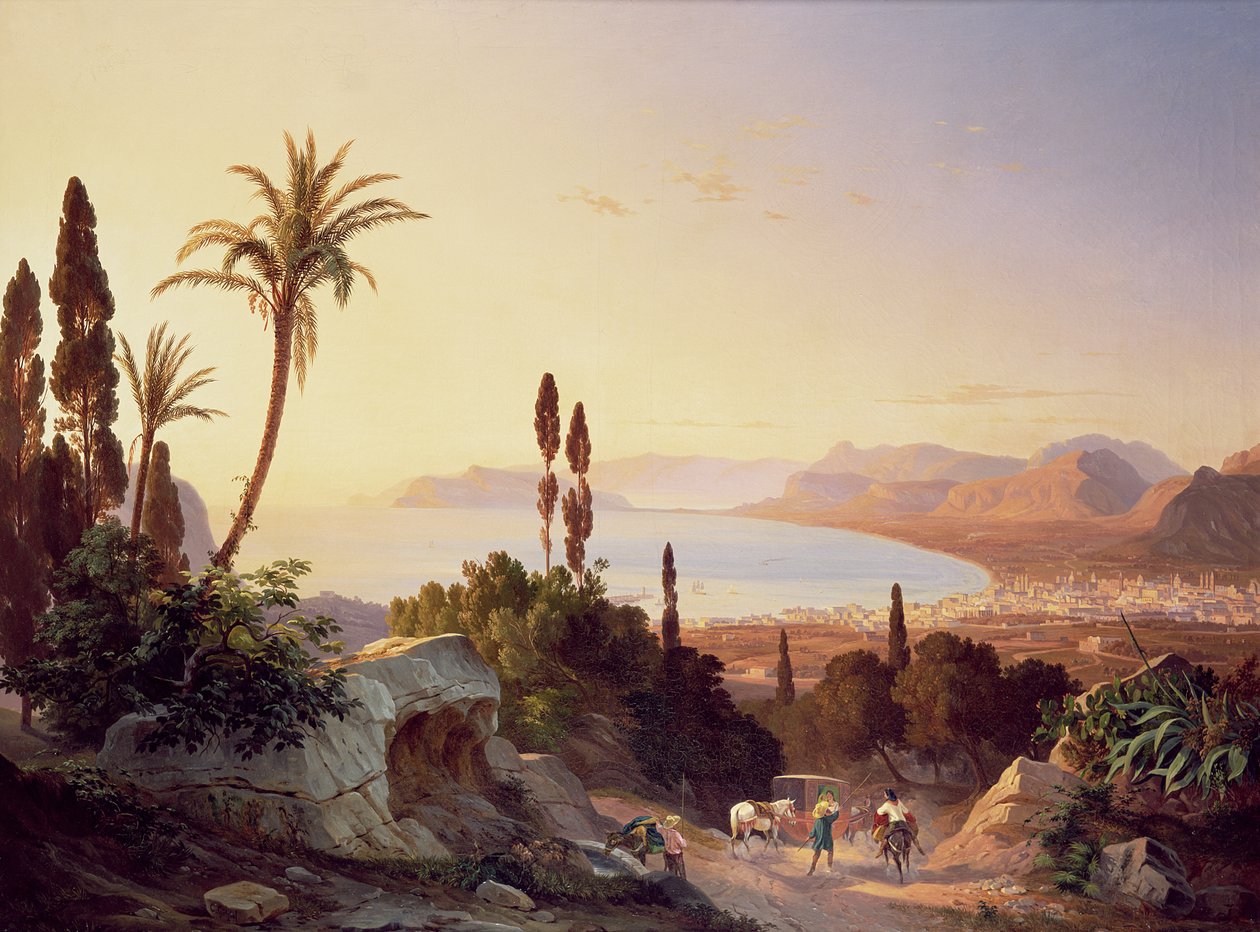 Zatoka Palermo, patrząc w kierunku przylądka Zafferano, ok. 1845 autorstwa Carl Wilhelm Goetzloff