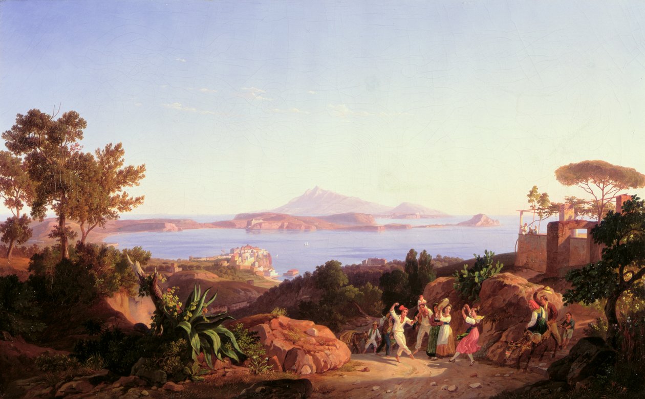 Widok na zatokę Pozzuoli z górą Solfatara, ok.1830 autorstwa Carl Wilhelm Goetzloff