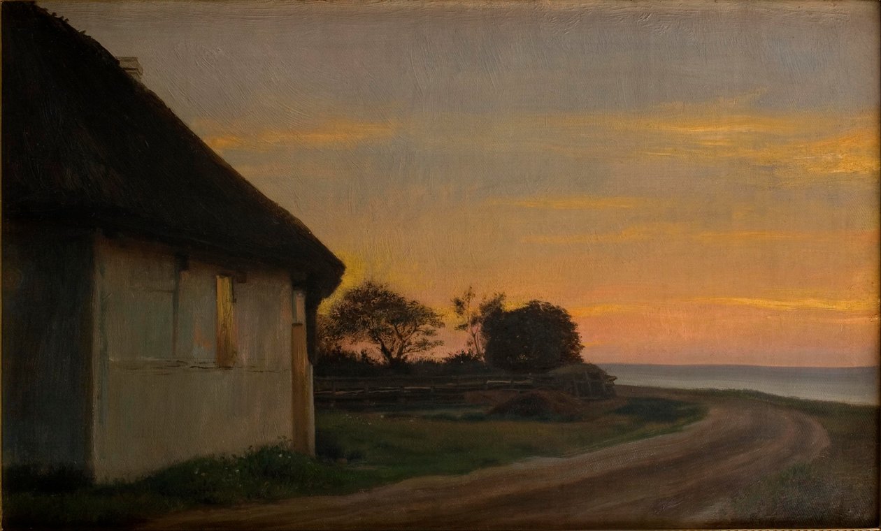 Wieczorny krajobraz z domem i ogrodem nad morzem. Ellekilde autorstwa Carl Heinrich Bloch