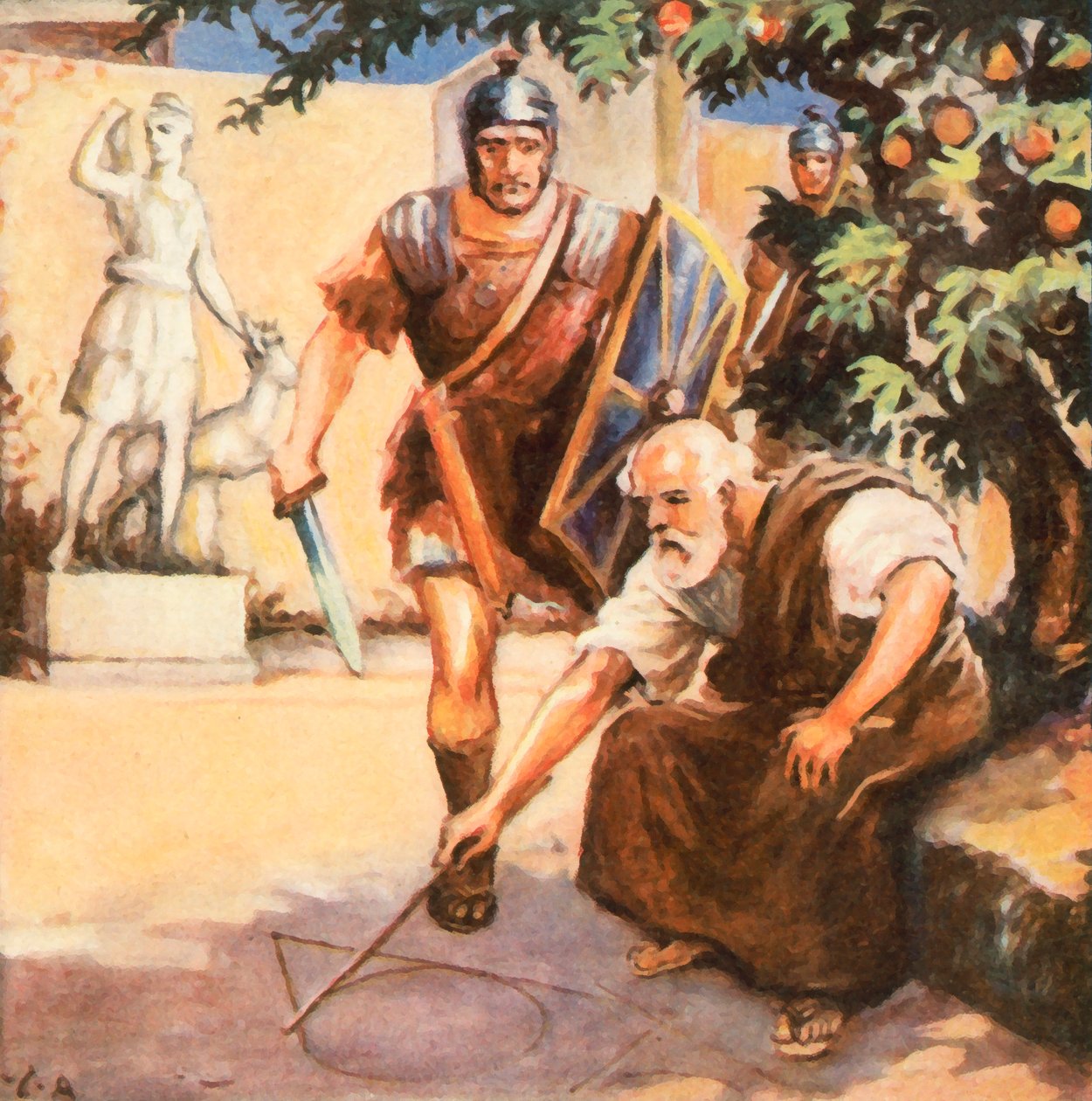 Śmierć Archimedesa (powiększona kolorowa litografia) autorstwa Carl Arriens