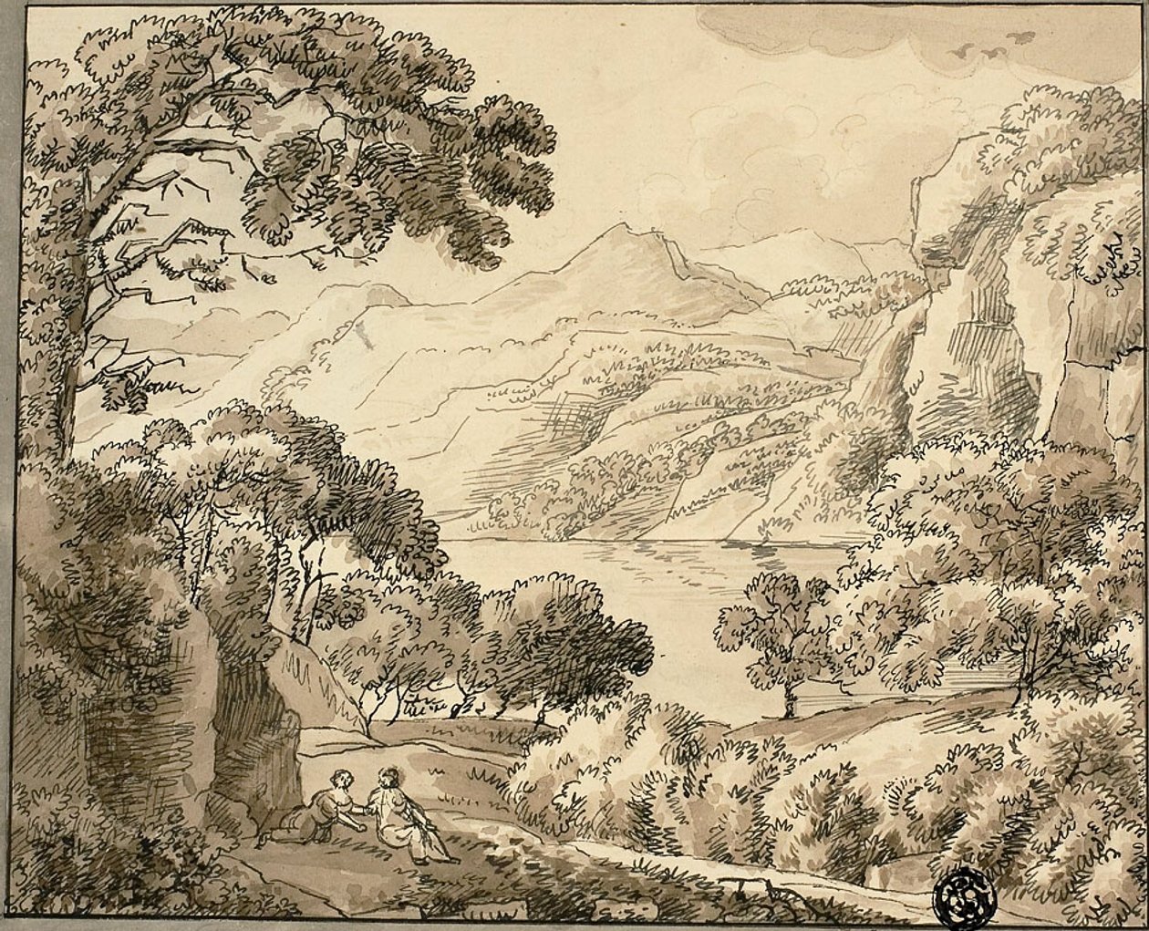 Górskie jezioro z dwiema postaciami autorstwa Carl August Lebschee