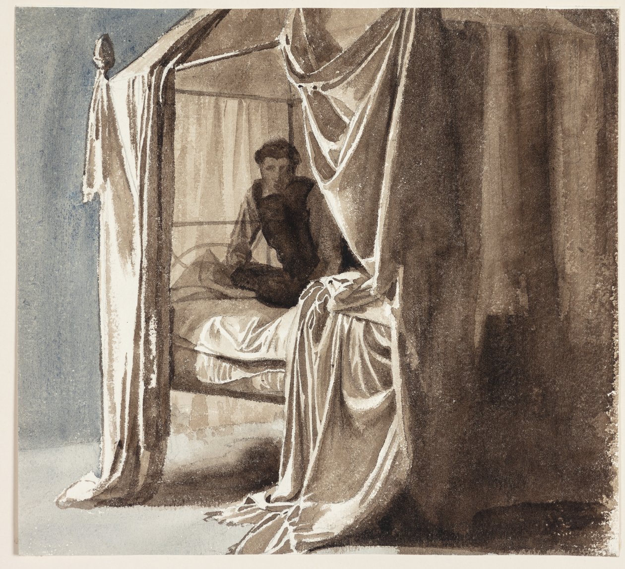 Łóżko z zasłonami. Studium do obrazu „Niels Ebbesen i hrabia Gert” wystawiony w 1868 r. autorstwa Carl Bloch
