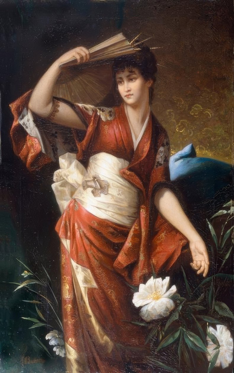Portret damy w japońskim stroju autorstwa Carl Buchner