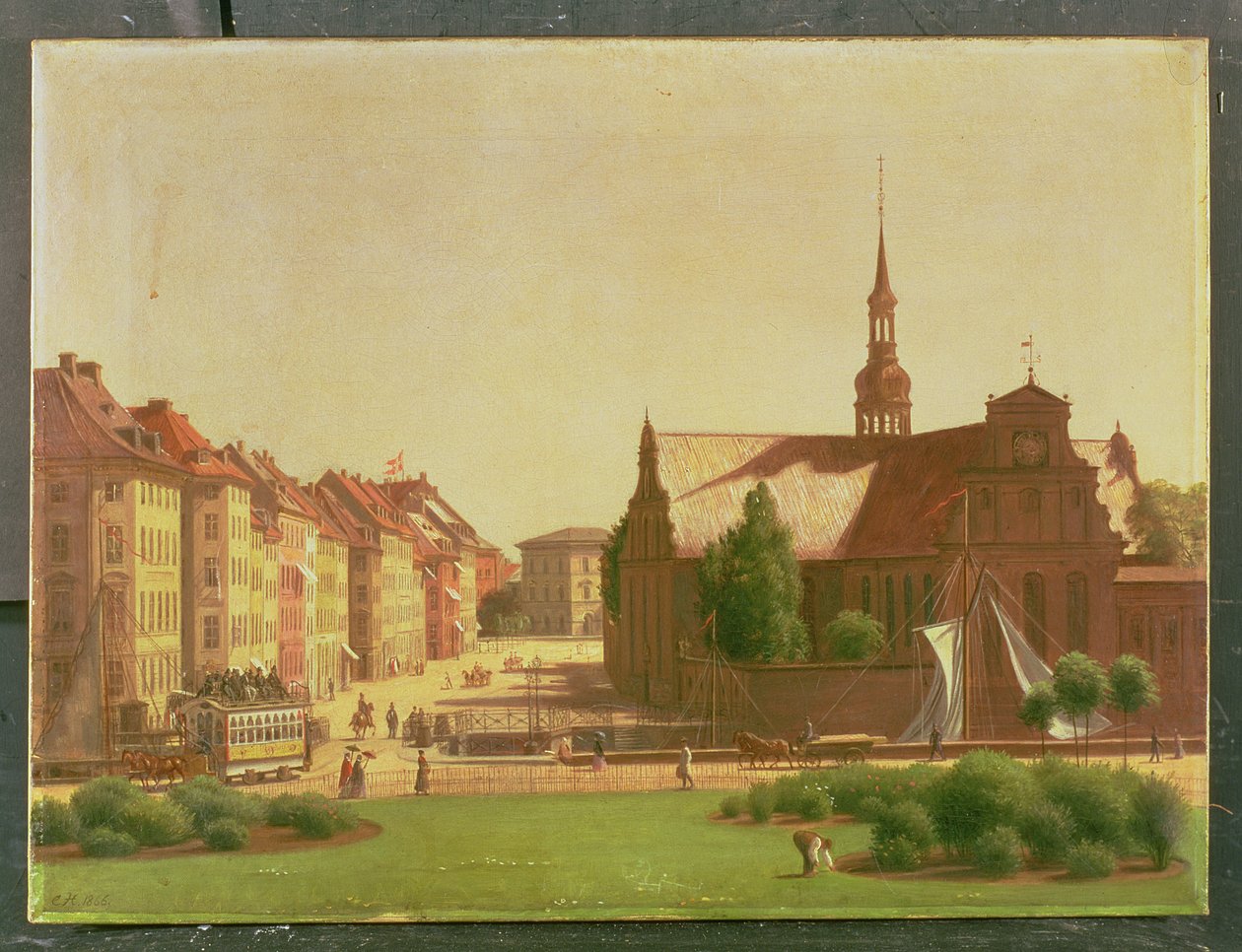 Plac Pałacowy i Holmens Kirke, z okna zamku Christiansborg w Kopenhadze, 1866 r. autorstwa Carl Christian Constantin Hansen