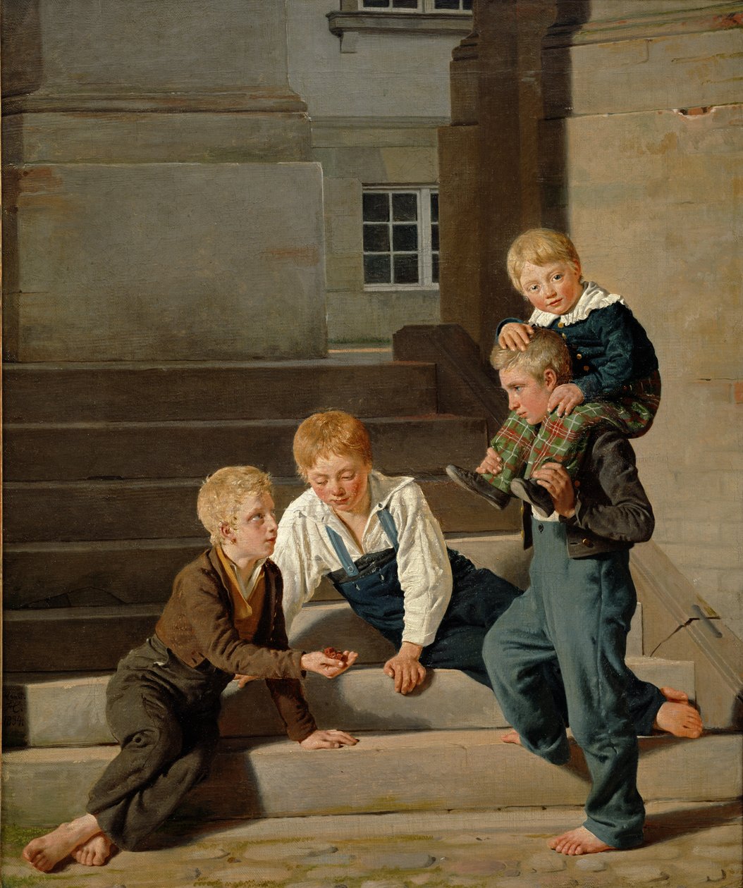 Młodzi chłopcy grający w kości przed zamkiem Christiansborg, Kopenhaga, 1834 autorstwa Carl Christian Constantin Hansen